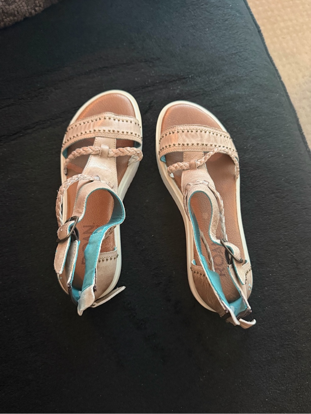 Beige Braided T-Strap Sandals with Aqua Accent - Women